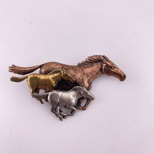 Horses Galloping Vintage Tri-Metal Brooch Pin